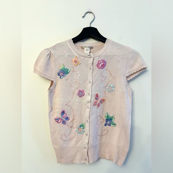 Vintage Sweaters - Vintage Y2K short sleeve cardigan pale pink sequin butterfly hearts coquette M